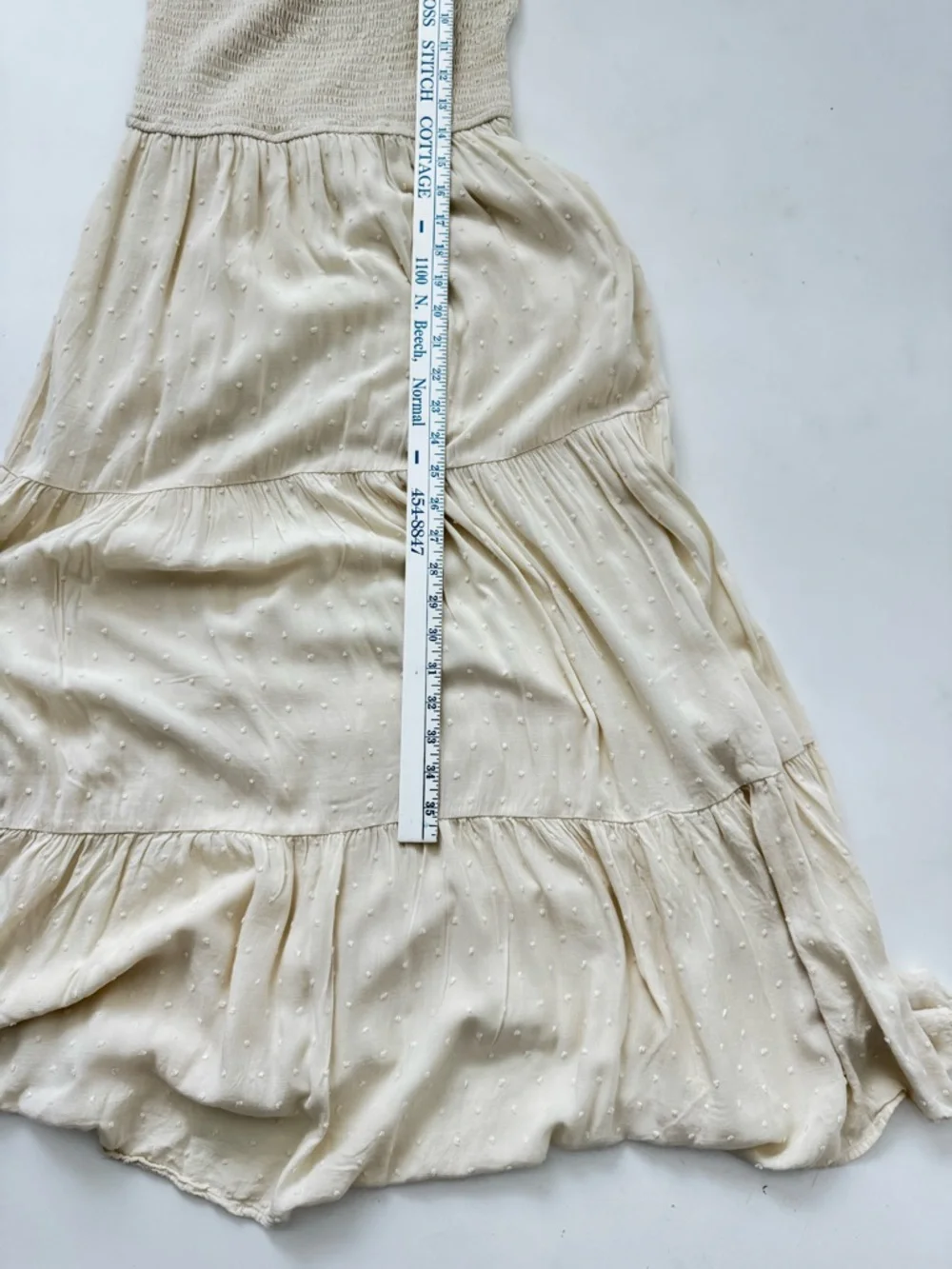 Cream Smocked Midi Dress Cottagecore Puff Sleeve Boho Swiss Dot Tiered Romantic - Picture 6 of 8